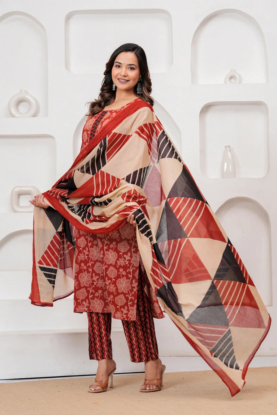 Rust Red Floral Handblock Cotton Kurta Pant Set with Geometric Malmal Dupatta