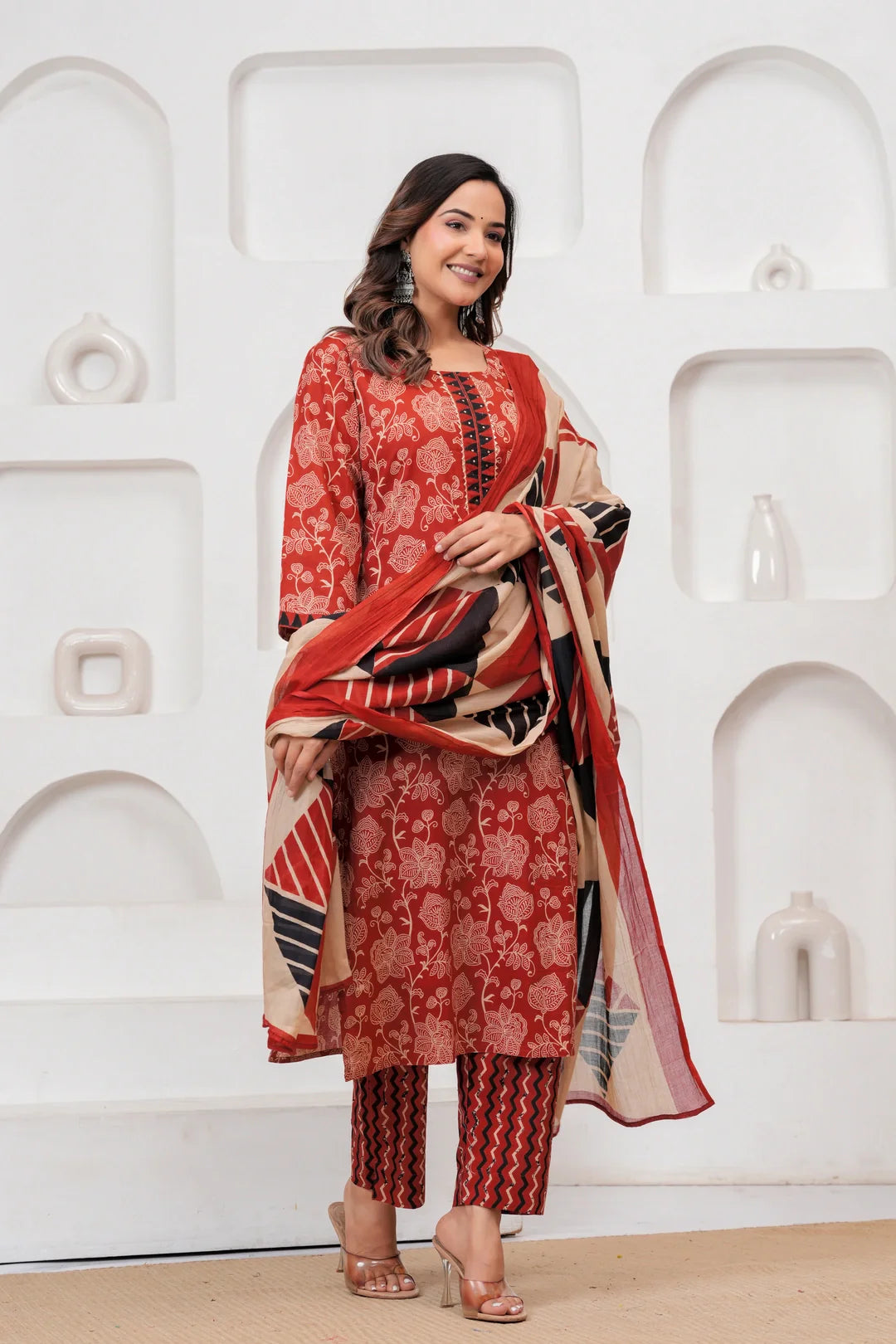 Rust Red Floral Handblock Cotton Kurta Pant Set with Geometric Malmal Dupatta