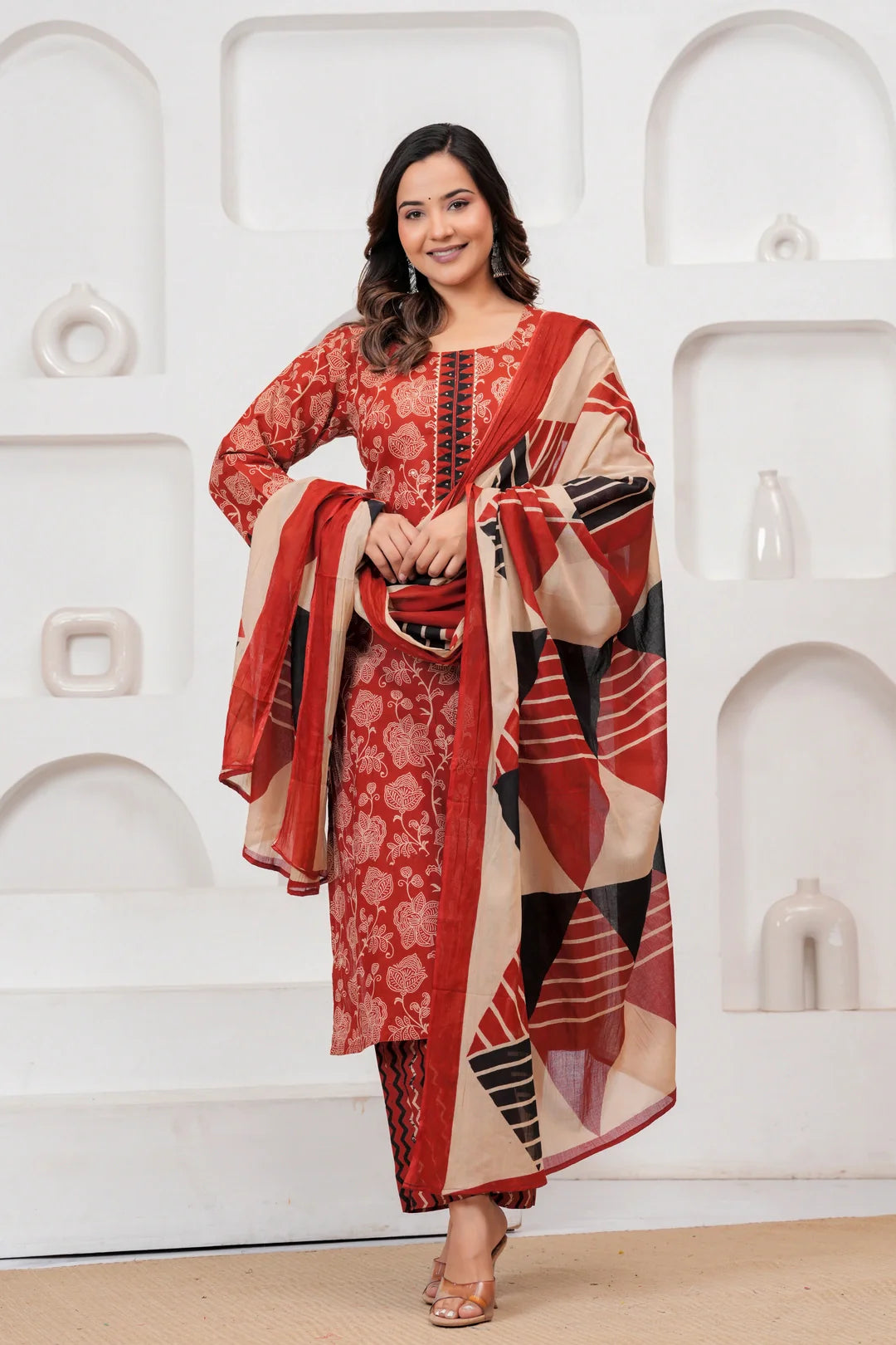 Rust Red Floral Handblock Cotton Kurta Pant Set with Geometric Malmal Dupatta