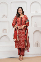 Rust Red Floral Handblock Cotton Kurta Pant Set with Geometric Malmal Dupatta