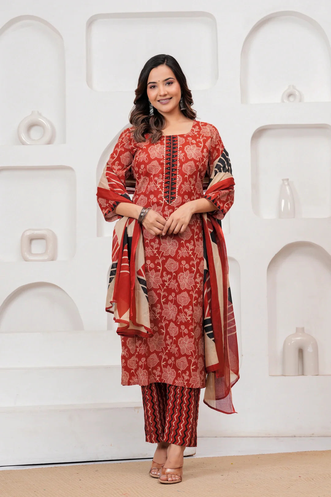 Rust Red Floral Handblock Cotton Kurta Pant Set with Geometric Malmal Dupatta