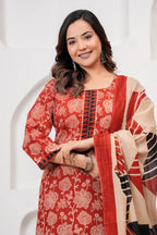 Rust Red Floral Handblock Cotton Kurta Pant Set with Geometric Malmal Dupatta