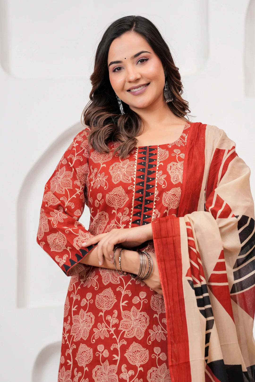 Rust Red Floral Handblock Cotton Kurta Pant Set with Geometric Malmal Dupatta