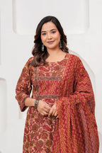 Maroon Floral Handblock Printed Cotton Kurta Pant Set with Dupatta