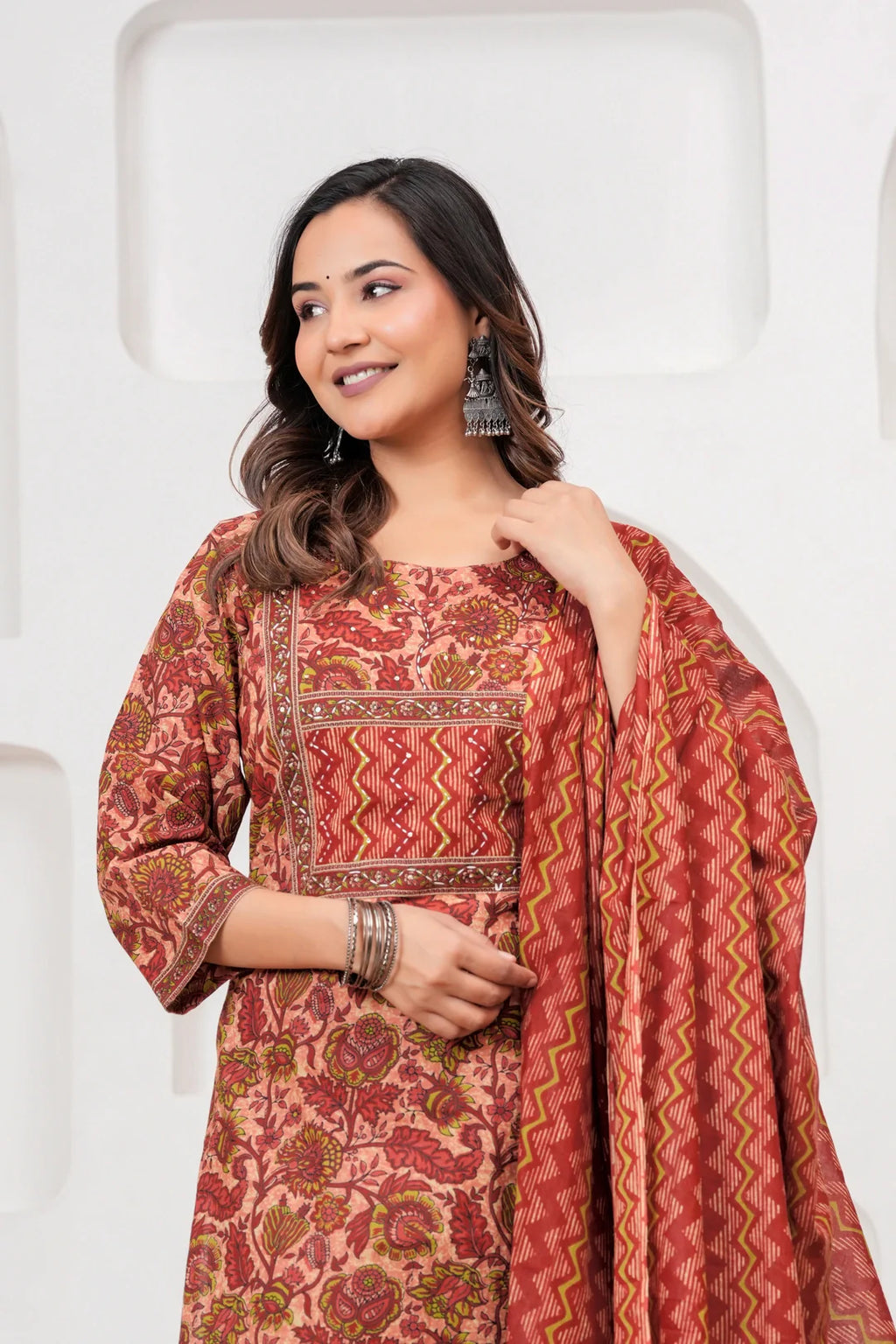 Maroon Floral Handblock Printed Cotton Kurta Pant Set with Dupatta