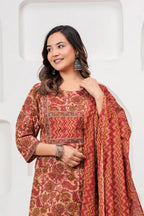Maroon Floral Handblock Printed Cotton Kurta Pant Set with Dupatta