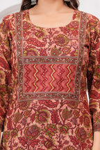 Maroon Floral Handblock Printed Cotton Kurta Pant Set with Dupatta