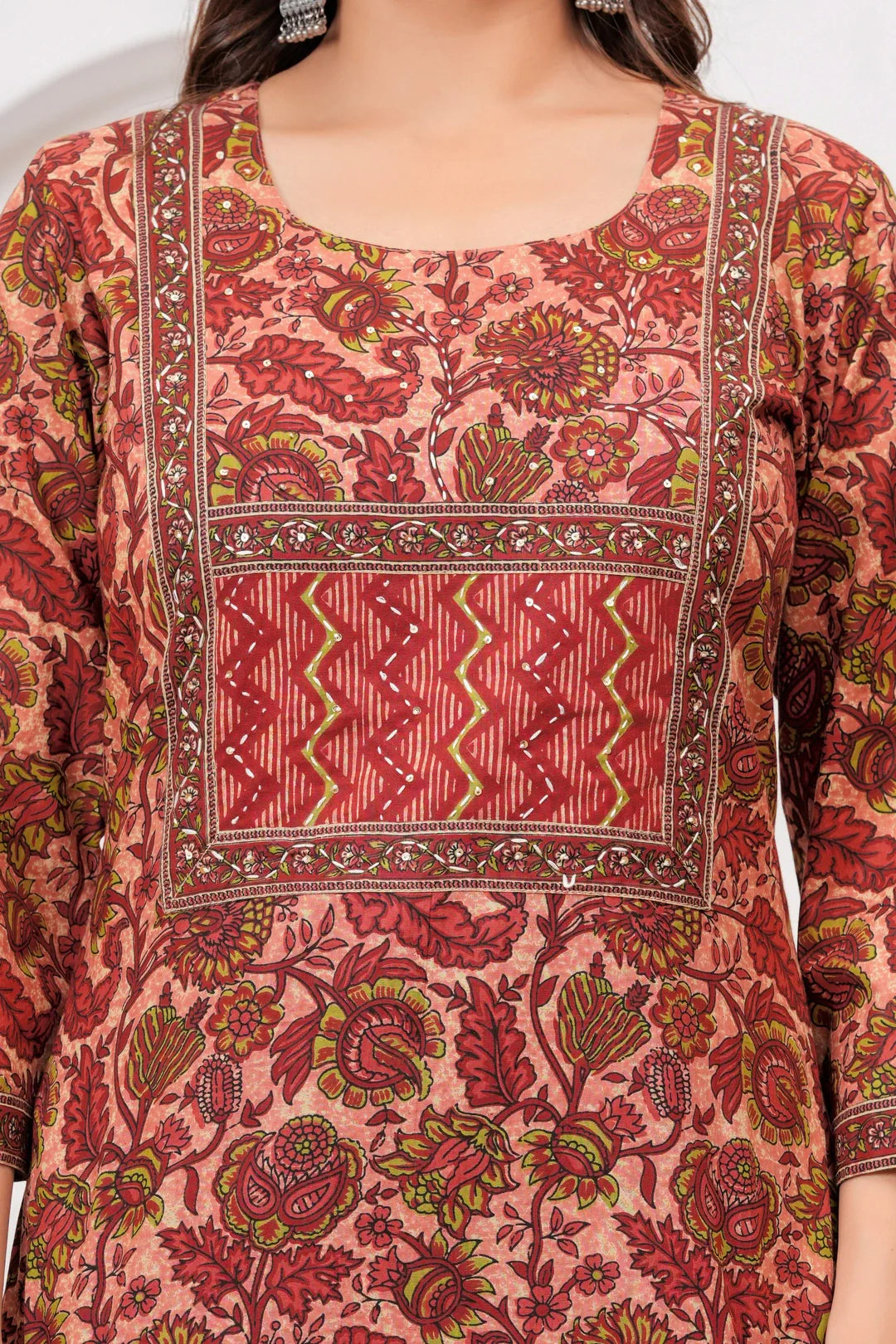 Maroon Floral Handblock Printed Cotton Kurta Pant Set with Dupatta