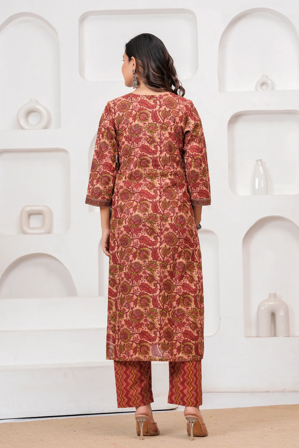 Maroon Floral Handblock Printed Cotton Kurta Pant Set with Dupatta