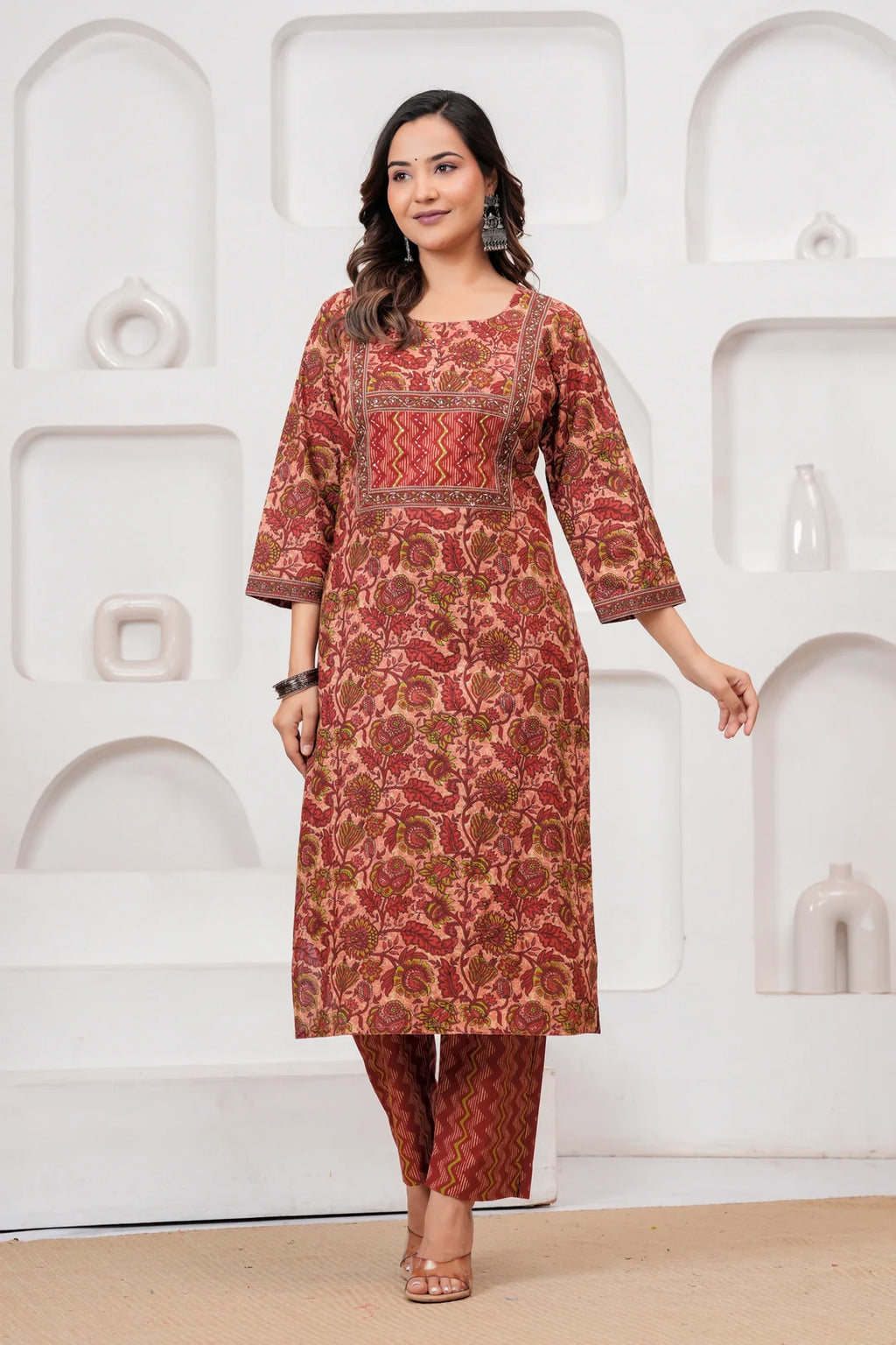 Maroon Floral Handblock Printed Cotton Kurta Pant Set with Dupatta