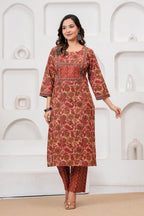 Maroon Floral Handblock Printed Cotton Kurta Pant Set with Dupatta