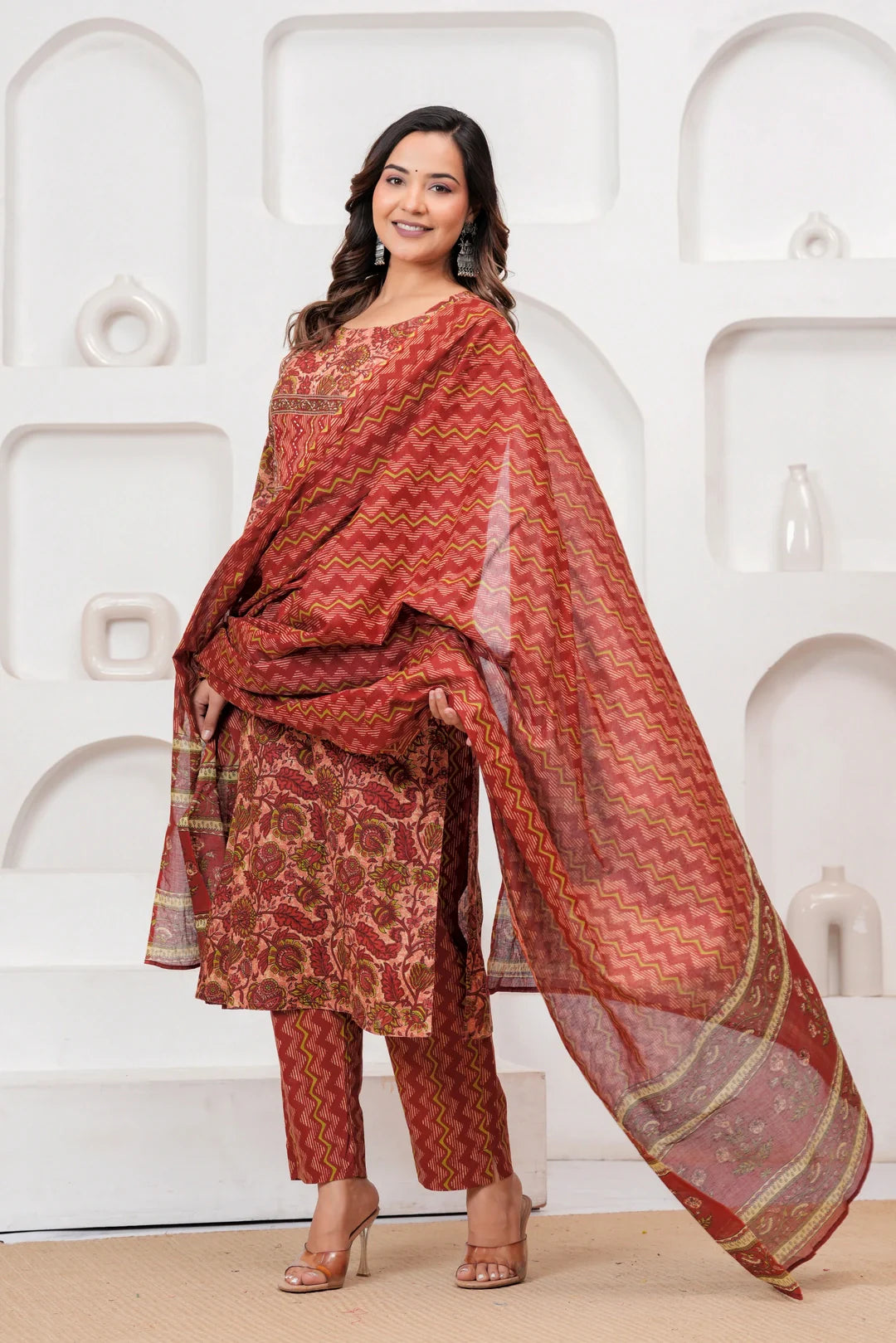 Maroon Floral Handblock Printed Cotton Kurta Pant Set with Dupatta