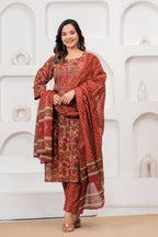 Maroon Floral Handblock Printed Cotton Kurta Pant Set with Dupatta
