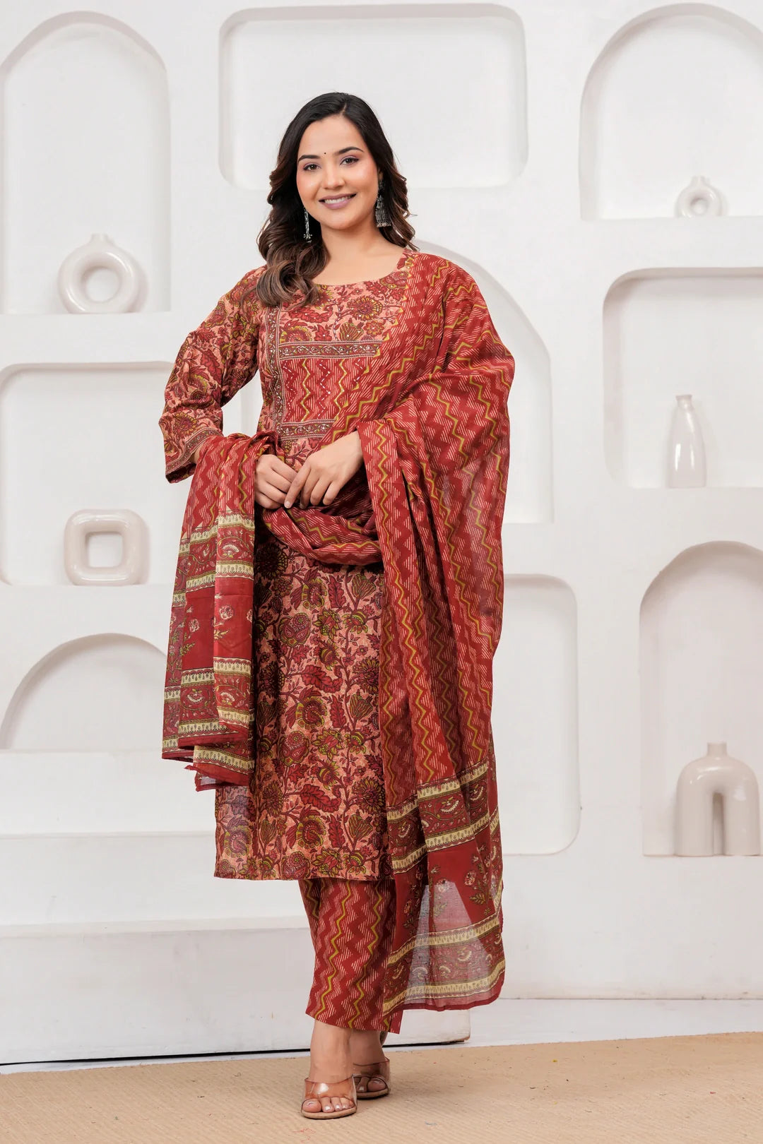 Maroon Floral Handblock Printed Cotton Kurta Pant Set with Dupatta