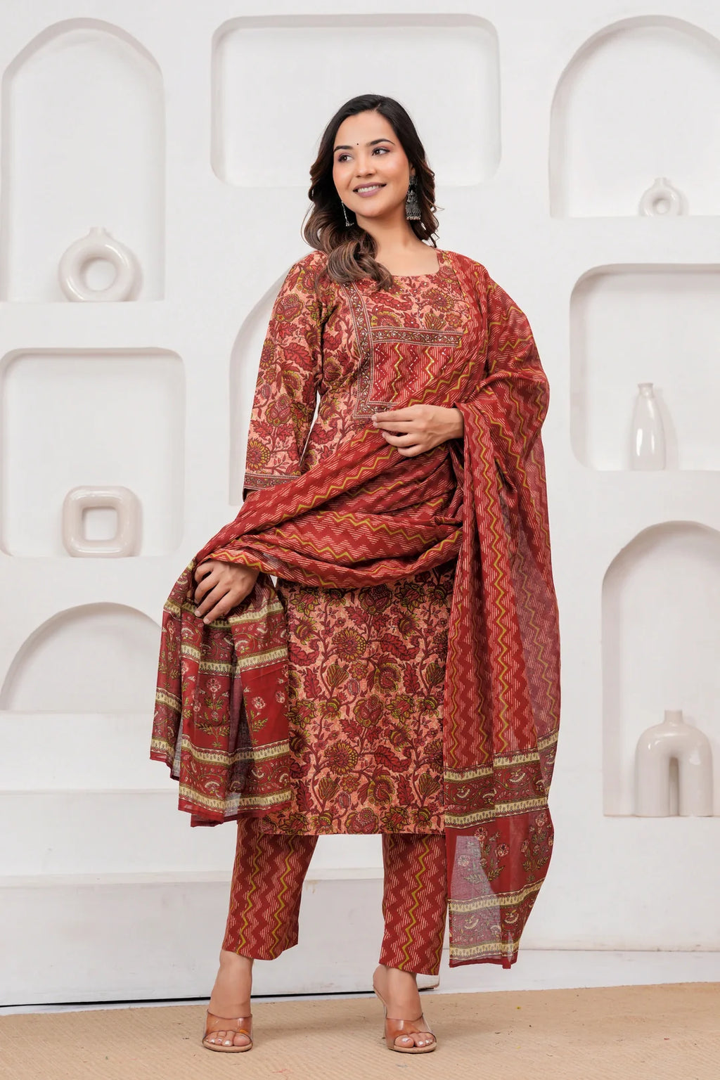 Maroon Floral Handblock Printed Cotton Kurta Pant Set with Dupatta