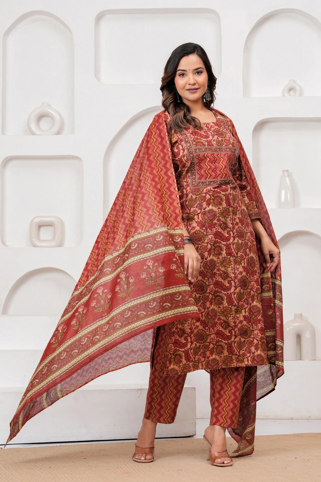 Maroon Floral Handblock Printed Cotton Kurta Pant Set with Dupatta
