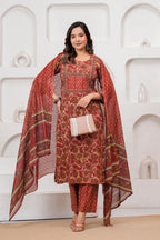 Maroon Floral Handblock Printed Cotton Kurta Pant Set with Dupatta