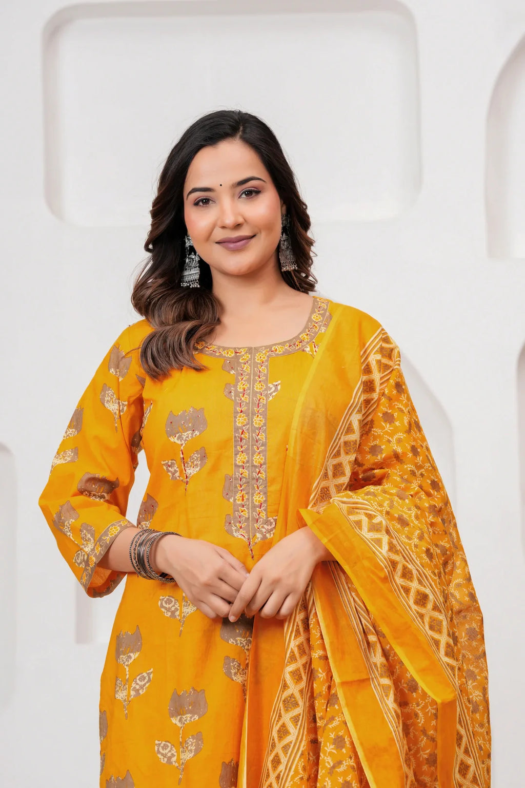 Mustard Yellow Floral Jaipuri Handblock Printed Kurta Set with malmal Dupatta