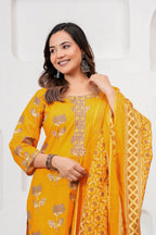 Mustard Yellow Floral Jaipuri Handblock Printed Kurta Set with malmal Dupatta