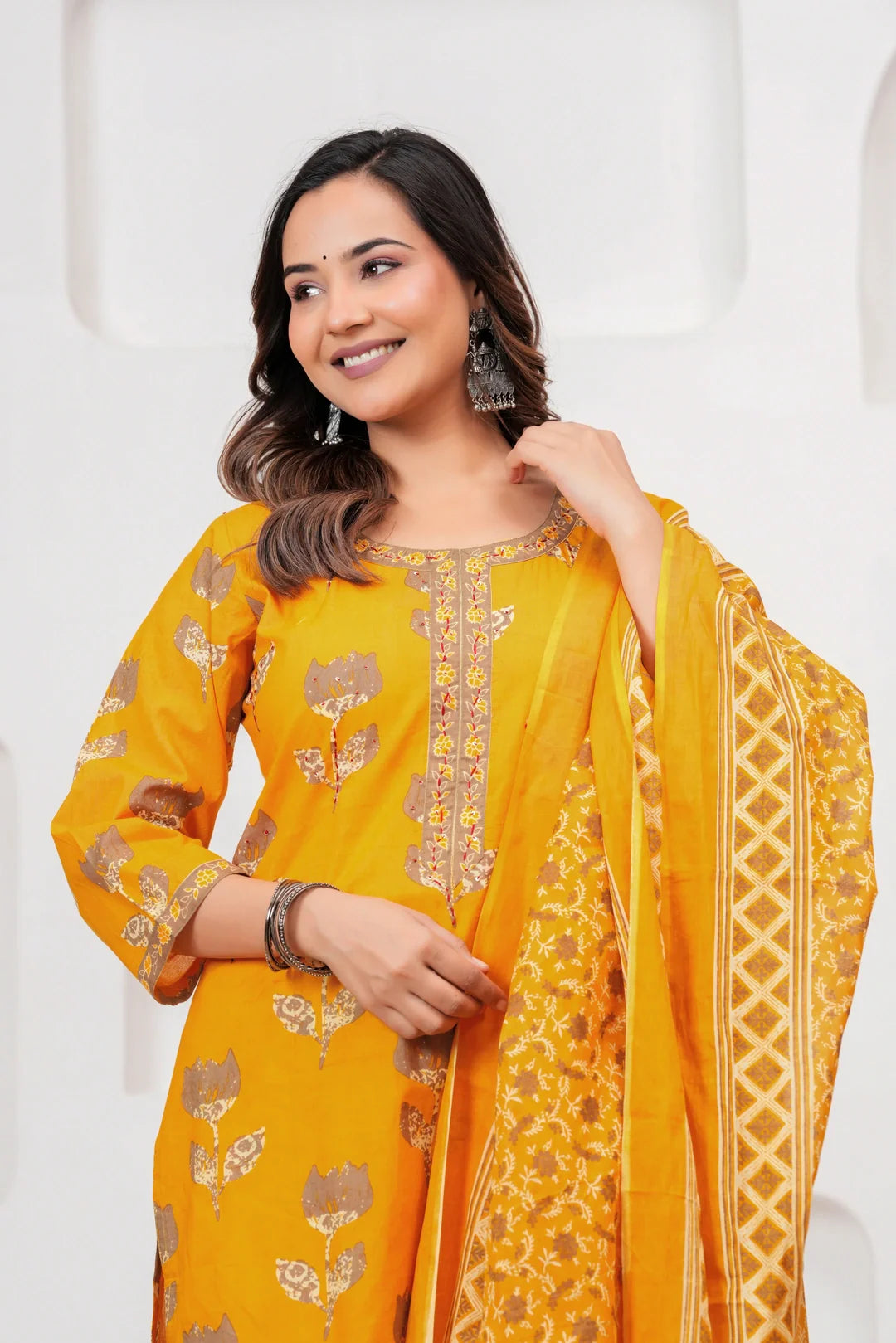 Mustard Yellow Floral Jaipuri Handblock Printed Kurta Set with malmal Dupatta