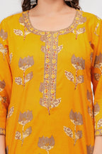 Mustard Yellow Floral Jaipuri Handblock Printed Kurta Set with malmal Dupatta