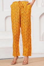 Mustard Yellow Floral Jaipuri Handblock Printed Kurta Set with malmal Dupatta