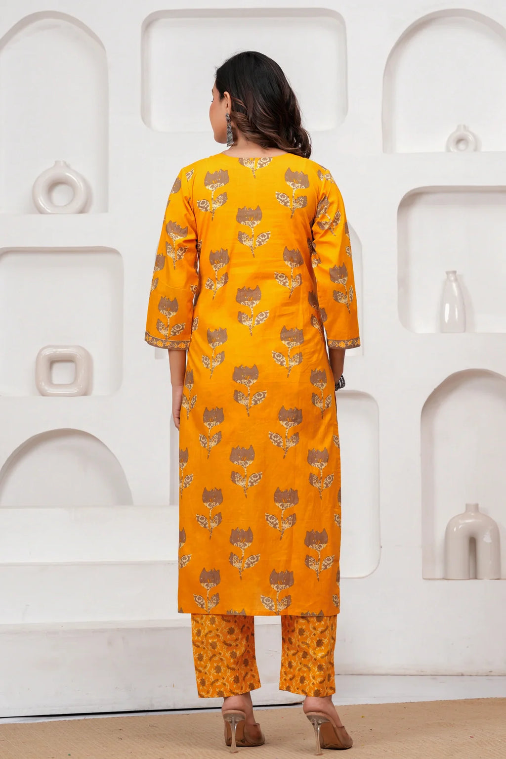 Mustard Yellow Floral Jaipuri Handblock Printed Kurta Set with malmal Dupatta