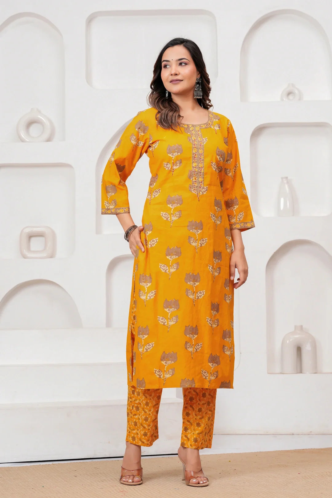 Mustard Yellow Floral Jaipuri Handblock Printed Kurta Set with malmal Dupatta