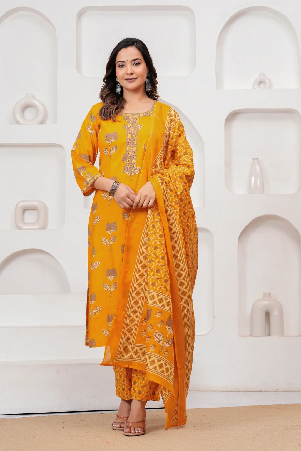 Mustard Yellow Floral Jaipuri Handblock Printed Kurta Set with malmal Dupatta