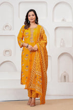 Mustard Yellow Floral Jaipuri Handblock Printed Kurta Set with malmal Dupatta