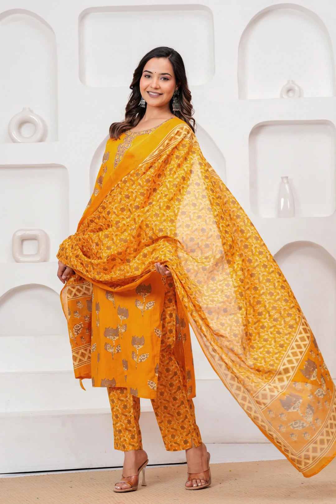 Mustard Yellow Floral Jaipuri Handblock Printed Kurta Set with malmal Dupatta
