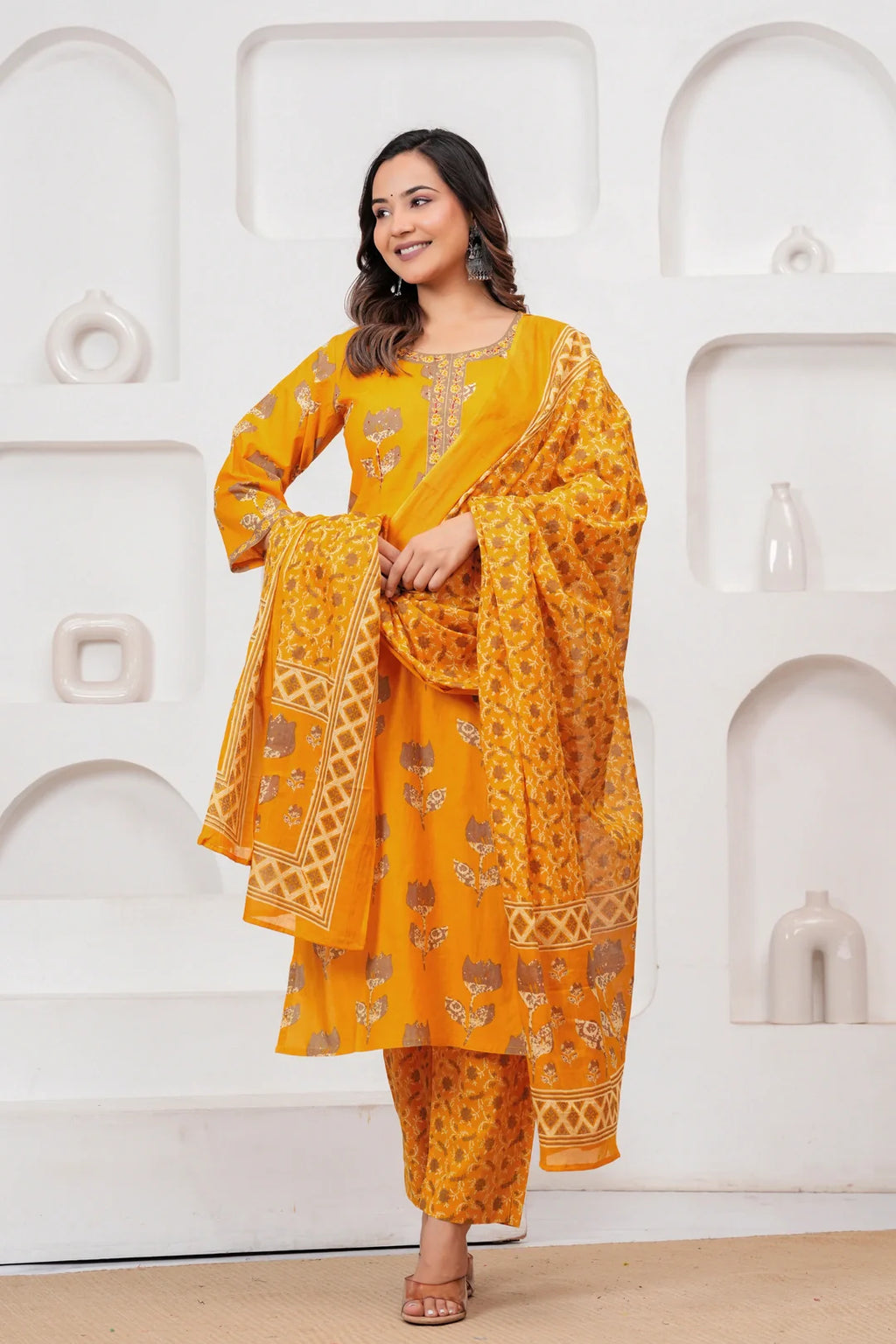 Mustard Yellow Floral Jaipuri Handblock Printed Kurta Set with malmal Dupatta