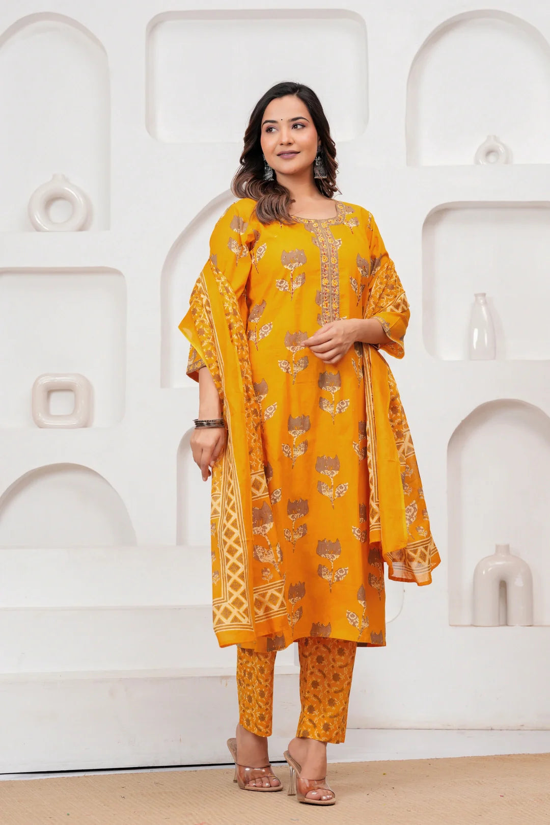 Mustard Yellow Floral Jaipuri Handblock Printed Kurta Set with malmal Dupatta