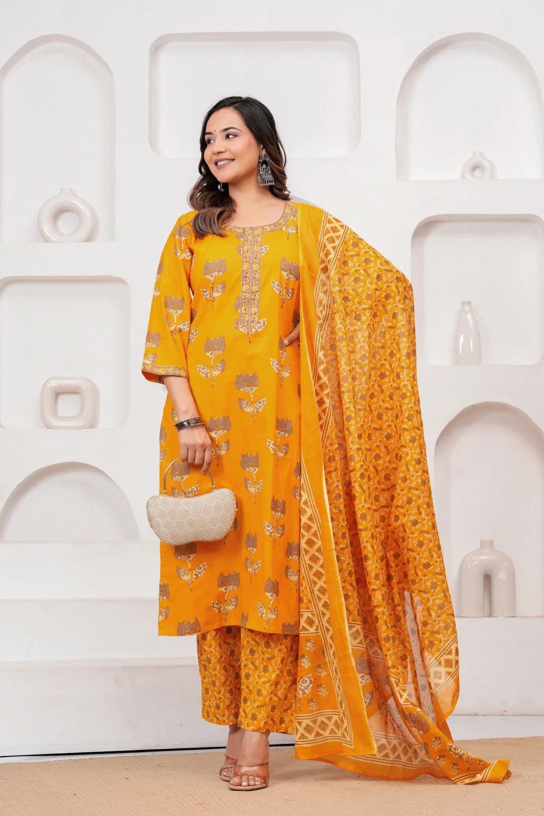 Mustard Yellow Floral Jaipuri Handblock Printed Kurta Set with malmal Dupatta