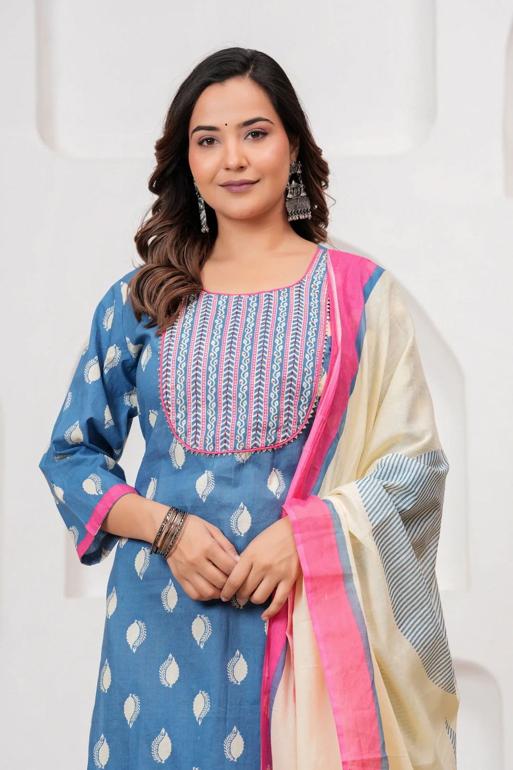 Blue Handblock Printed Cotton Kurta Set with Designer Dupatta