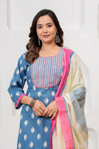 Blue Handblock Printed Cotton Kurta Set with Designer Dupatta