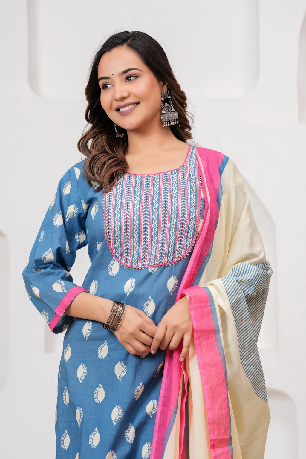 Blue Handblock Printed Cotton Kurta Set with Designer Dupatta