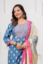 Blue Handblock Printed Cotton Kurta Set with Designer Dupatta