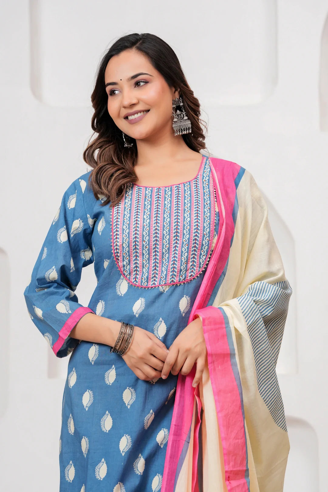 Blue Handblock Printed Cotton Kurta Set with Designer Dupatta