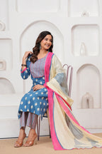 Blue Handblock Printed Cotton Kurta Set with Designer Dupatta