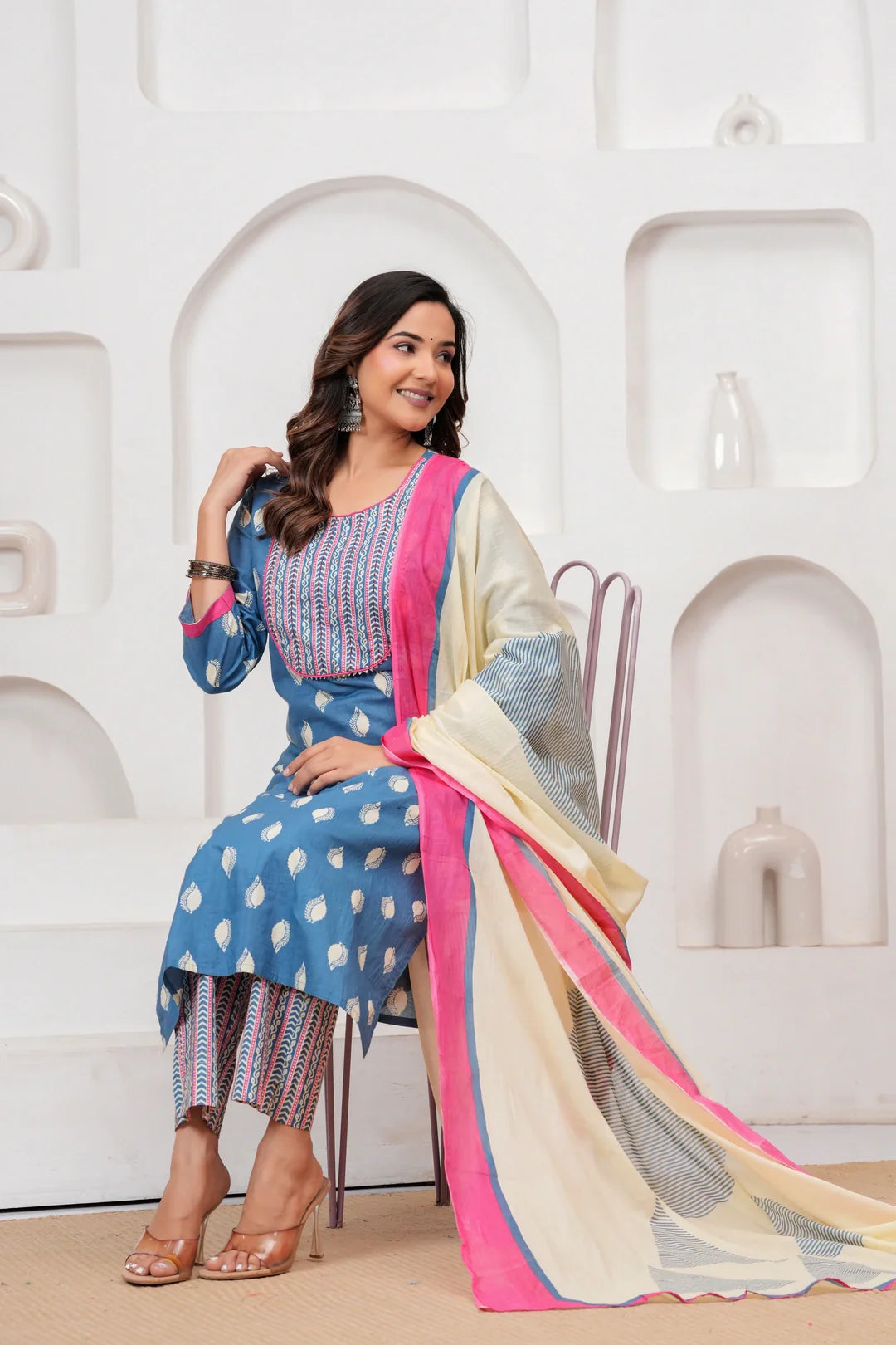 Blue Handblock Printed Cotton Kurta Set with Designer Dupatta