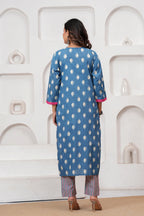 Blue Handblock Printed Cotton Kurta Set with Designer Dupatta