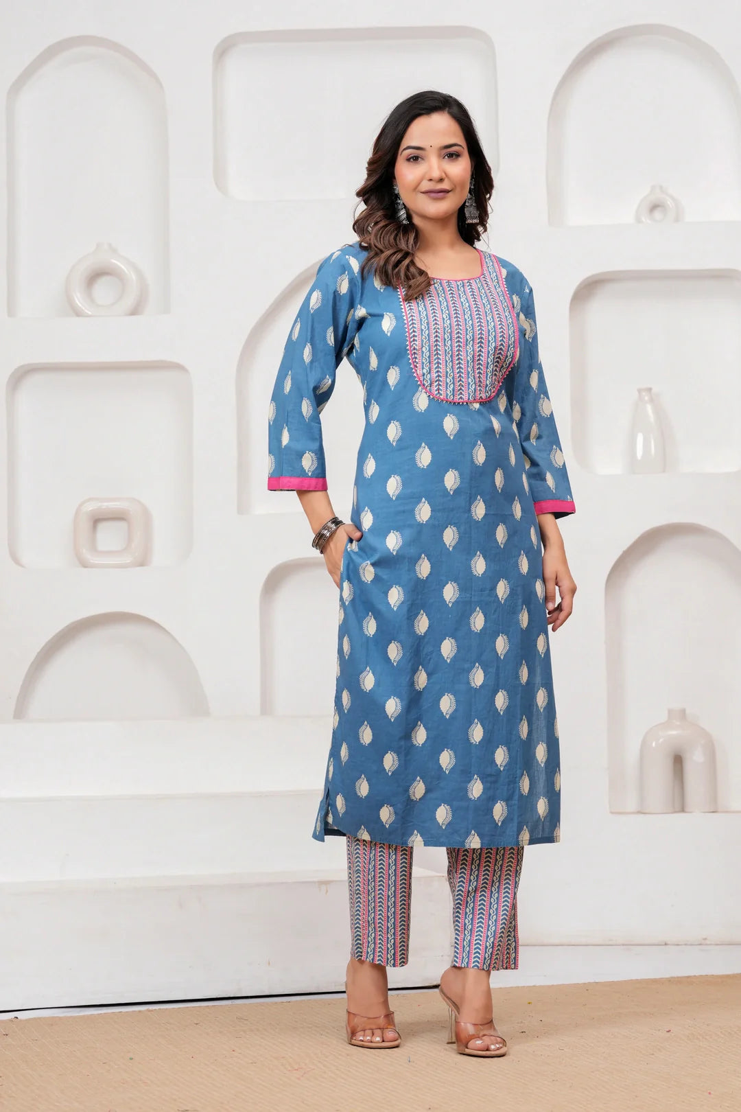 Blue Handblock Printed Cotton Kurta Set with Designer Dupatta