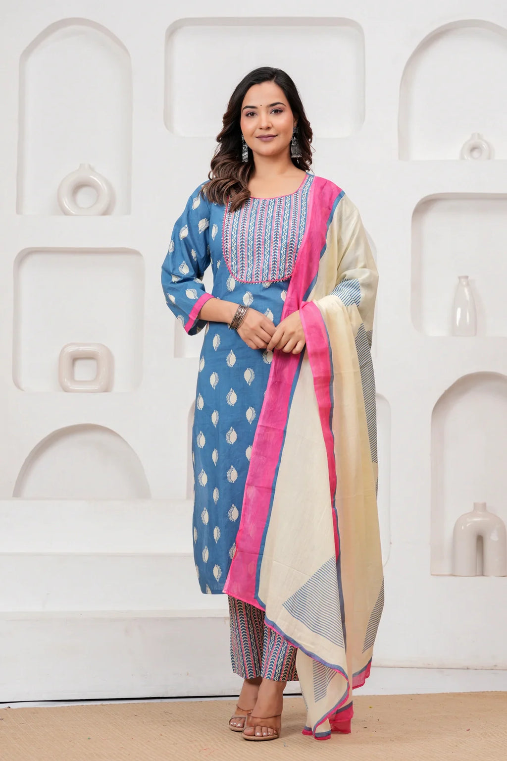 Blue Handblock Printed Cotton Kurta Set with Designer Dupatta