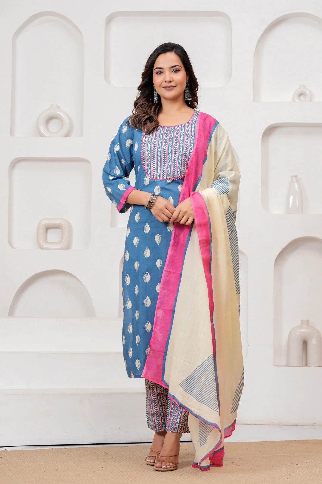Blue Handblock Printed Cotton Kurta Set with Designer Dupatta