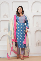 Blue Handblock Printed Cotton Kurta Set with Designer Dupatta