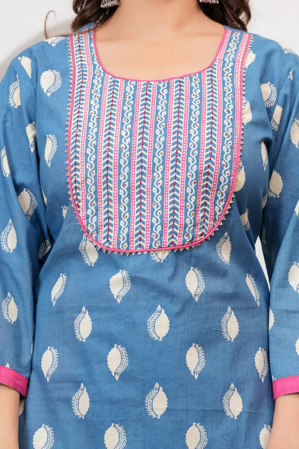 Blue Handblock Printed Cotton Kurta Set with Designer Dupatta