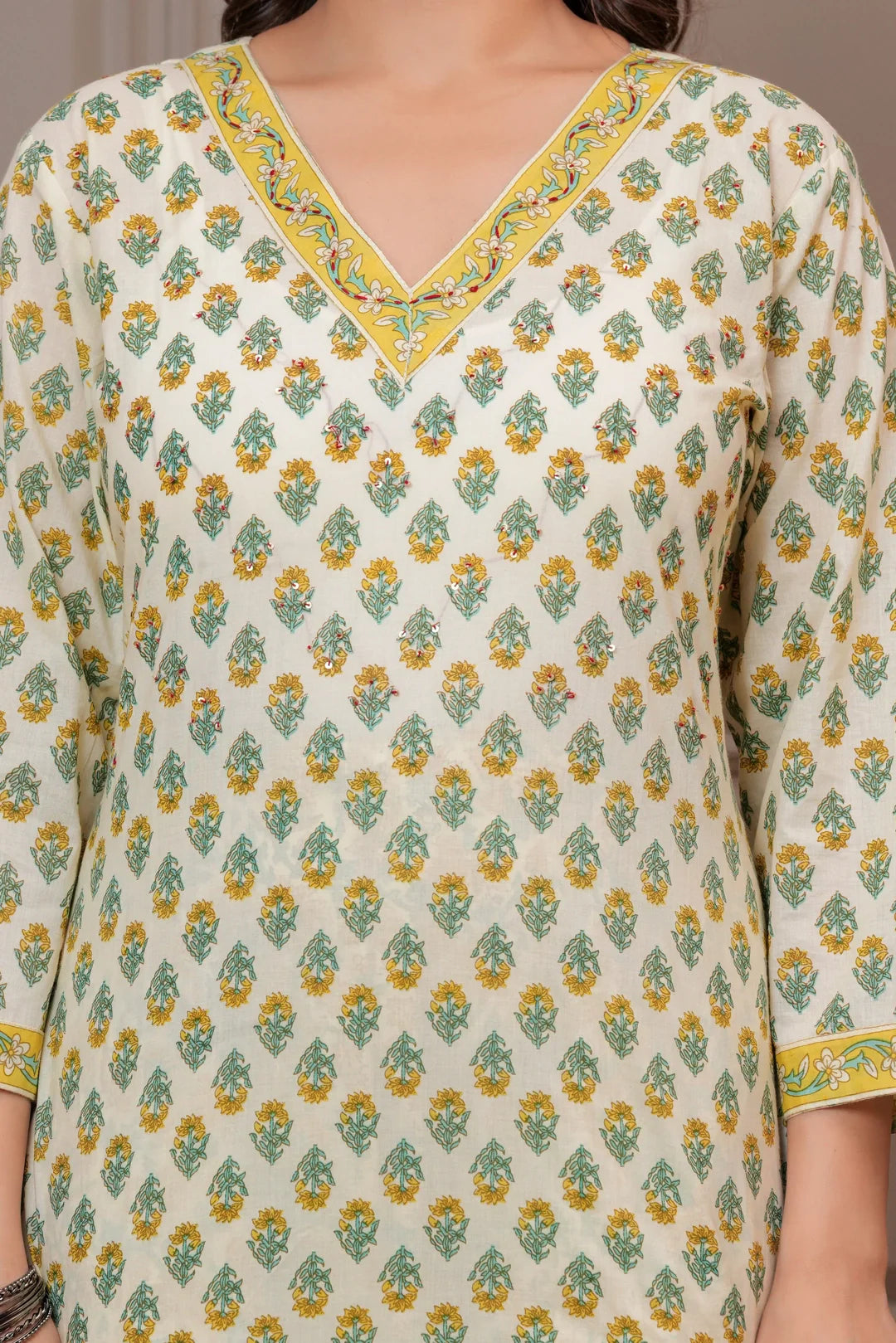 Jaipuri Handblock Printed Cotton Kurta Pant Set with malmal Dupatta - Yellow & Green