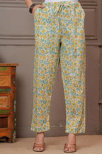 Jaipuri Handblock Printed Cotton Kurta Pant Set with malmal Dupatta - Yellow & Green