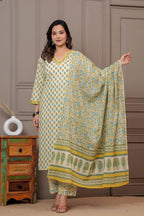 Jaipuri Handblock Printed Cotton Kurta Pant Set with malmal Dupatta - Yellow & Green